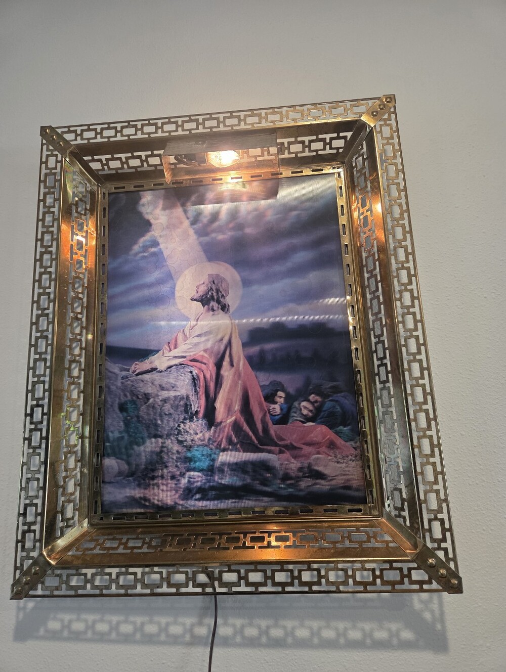 VTG 3D Holographic Jesus Praying In The Garden Brass Frame Lighted Picture 3D